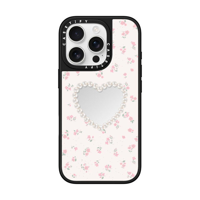 CASETiFY iPhone 16 Pro ケース Silver on Black ミラーケース MagSafe対応 Heart,Floral,Heart,Cottagecore Pearly Heart