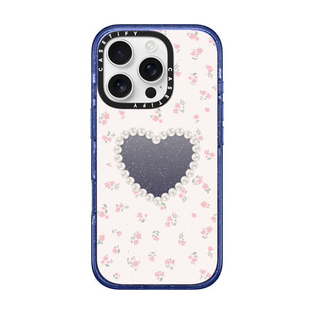 CASETiFY iPhone 16 Pro ケース Glitter Indigo インパクトケース MagSafe対応 Heart,Floral,Heart,Cottagecore Pearly Heart