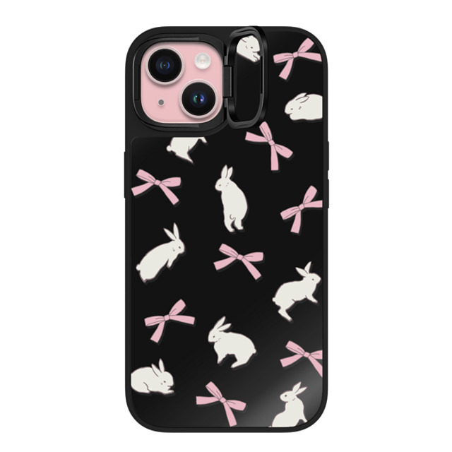 CASETiFY iPhone 15 ケース Black on Black ミラー リングスタンドケース MagSafe対応 Animal,Cottagecore,Pattern Rabbit Ribbon