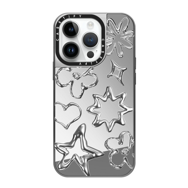 CASETiFY iPhone 14 Pro ケース シルバー (シルバーバンパー) ミラーケース MagSafe対応 Pattern,Star,Monochrome,Futurism Chrome Doodles