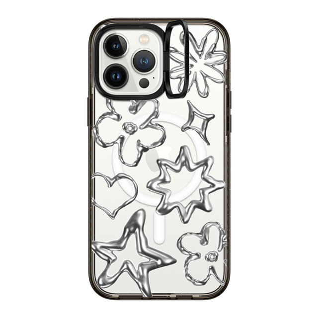 CASETiFY iPhone 13 Pro Max ケース ブラック インパクトリングスタンドケース MagSafe対応 Pattern,Star,Monochrome,Futurism Chrome Doodles