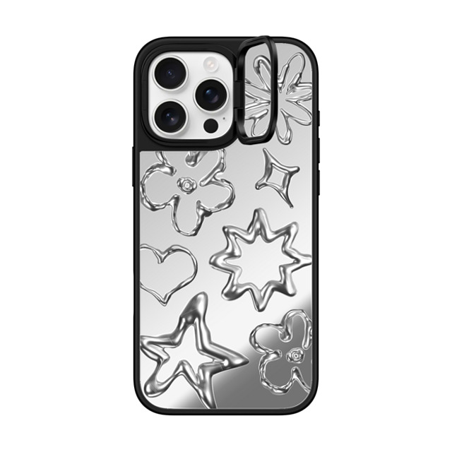 CASETiFY iPhone 16 Pro Max ケース Silver on Black ミラー リングスタンドケース MagSafe対応 Pattern,Star,Monochrome,Futurism Chrome Doodles