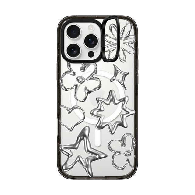 CASETiFY iPhone 16 Pro Max ケース ブラック インパクトリングスタンドケース MagSafe対応 Pattern,Star,Monochrome,Futurism Chrome Doodles