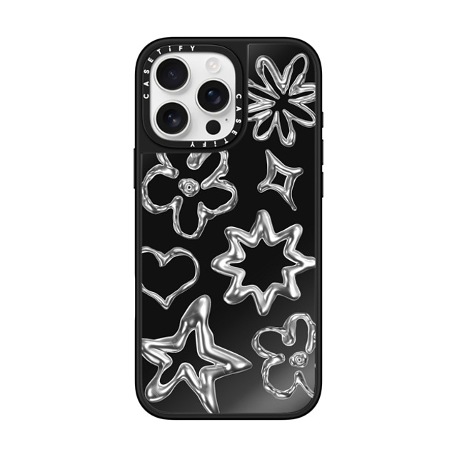 CASETiFY iPhone 16 Pro Max ケース Black on Black ミラーケース MagSafe対応 Pattern,Star,Monochrome,Futurism Chrome Doodles