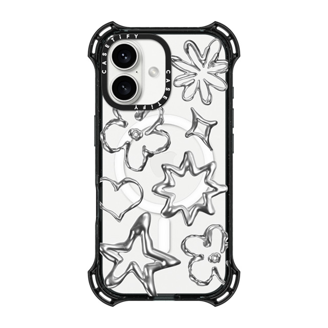 CASETiFY iPhone 16 ケース ブラック バウンスケース Pattern,Star,Monochrome,Futurism Chrome Doodles