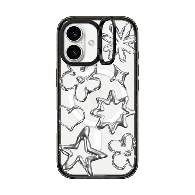 CASETiFY iPhone 16 ケース ブラック インパクトリングスタンドケース MagSafe対応 Pattern,Star,Monochrome,Futurism Chrome Doodles