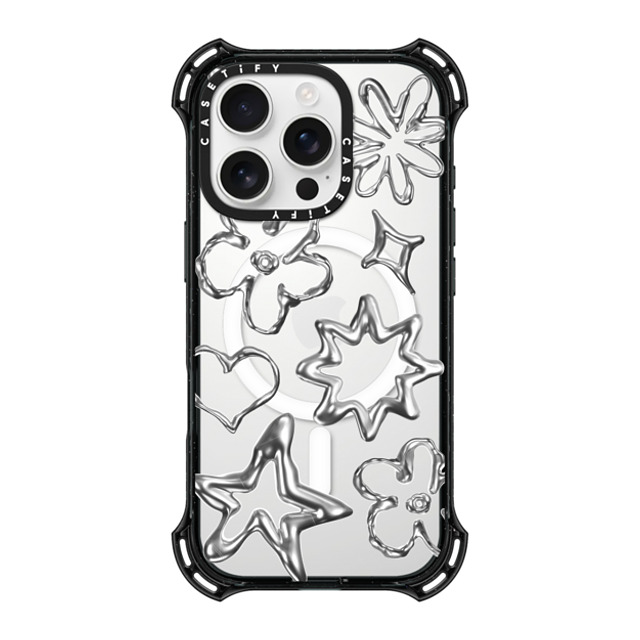 CASETiFY iPhone 16 Pro ケース ブラック バウンスケース Pattern,Star,Monochrome,Futurism Chrome Doodles