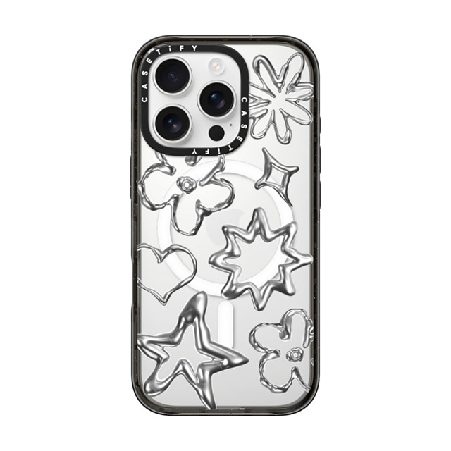 CASETiFY iPhone 16 Pro ケース ブラック インパクトケース MagSafe対応 Pattern,Star,Monochrome,Futurism Chrome Doodles