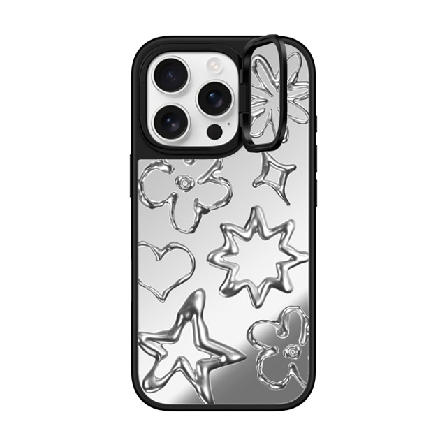 CASETiFY iPhone 16 Pro ケース Silver on Black ミラー リングスタンドケース MagSafe対応 Pattern,Star,Monochrome,Futurism Chrome Doodles