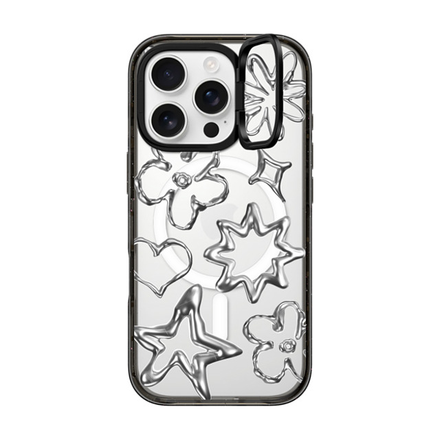 CASETiFY iPhone 16 Pro ケース ブラック インパクトリングスタンドケース MagSafe対応 Pattern,Star,Monochrome,Futurism Chrome Doodles