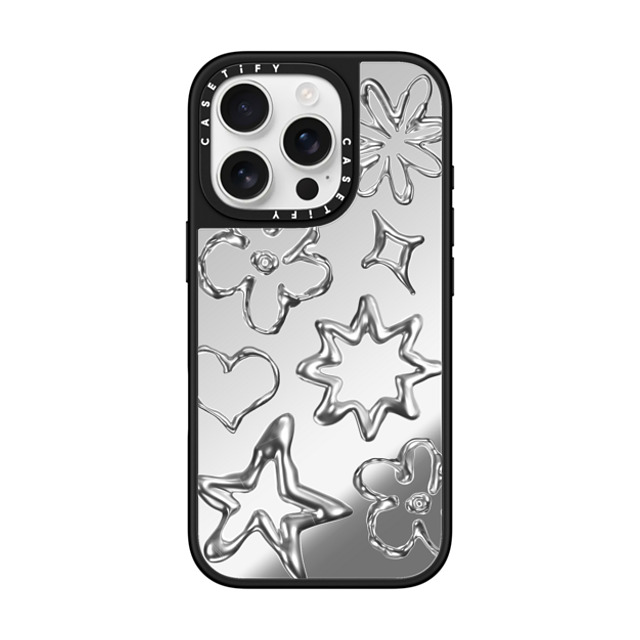 CASETiFY iPhone 16 Pro ケース Silver on Black ミラーケース MagSafe対応 Pattern,Star,Monochrome,Futurism Chrome Doodles