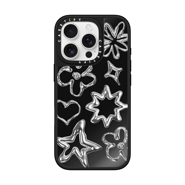CASETiFY iPhone 16 Pro ケース Black on Black ミラーケース MagSafe対応 Pattern,Star,Monochrome,Futurism Chrome Doodles