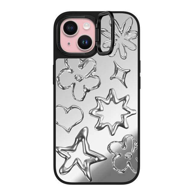 CASETiFY iPhone 15 ケース Silver on Black ミラー リングスタンドケース MagSafe対応 Pattern,Star,Monochrome,Futurism Chrome Doodles