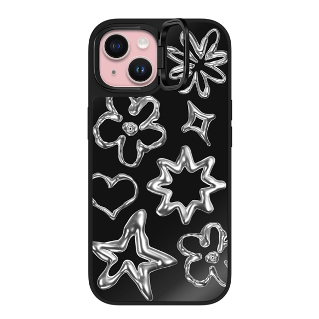 CASETiFY iPhone 15 ケース Black on Black ミラー リングスタンドケース MagSafe対応 Pattern,Star,Monochrome,Futurism Chrome Doodles