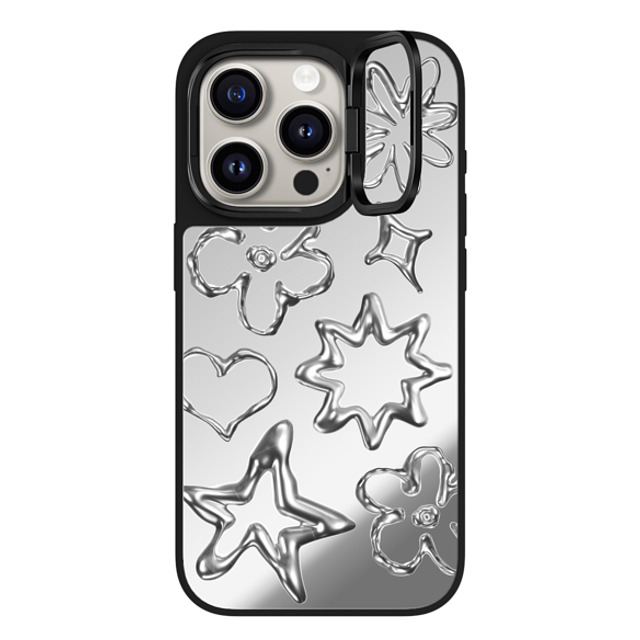 CASETiFY iPhone 15 Pro ケース Silver on Black ミラー リングスタンドケース MagSafe対応 Pattern,Star,Monochrome,Futurism Chrome Doodles