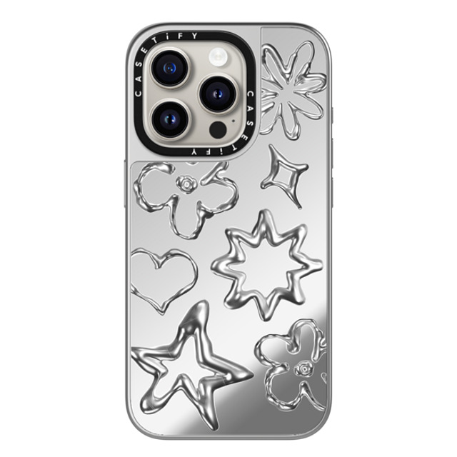 CASETiFY iPhone 15 Pro ケース シルバー (シルバーバンパー) ミラーケース MagSafe対応 Pattern,Star,Monochrome,Futurism Chrome Doodles