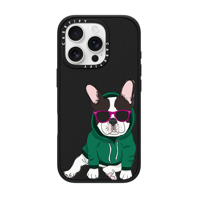 Megan Roy x CASETiFY iPhone 16 Pro ケース マットブラック インパクトケース MagSafe対応 Hipster Frenchie - Black and White