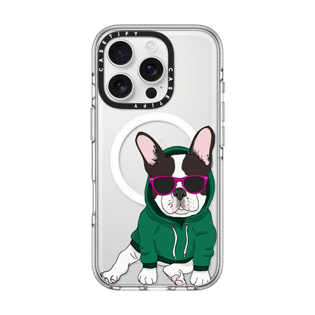 Megan Roy x CASETiFY iPhone 16 Pro ケース クリア クリア ケース MagSafe対応 Hipster Frenchie - Black and White