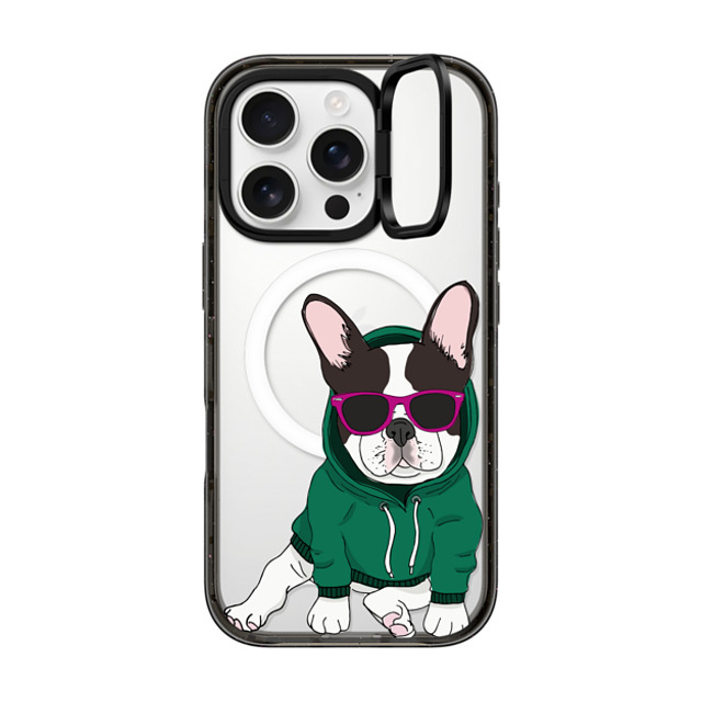 Megan Roy x CASETiFY iPhone 16 Pro ケース ブラック インパクトリングスタンドケース MagSafe対応 Hipster Frenchie - Black and White