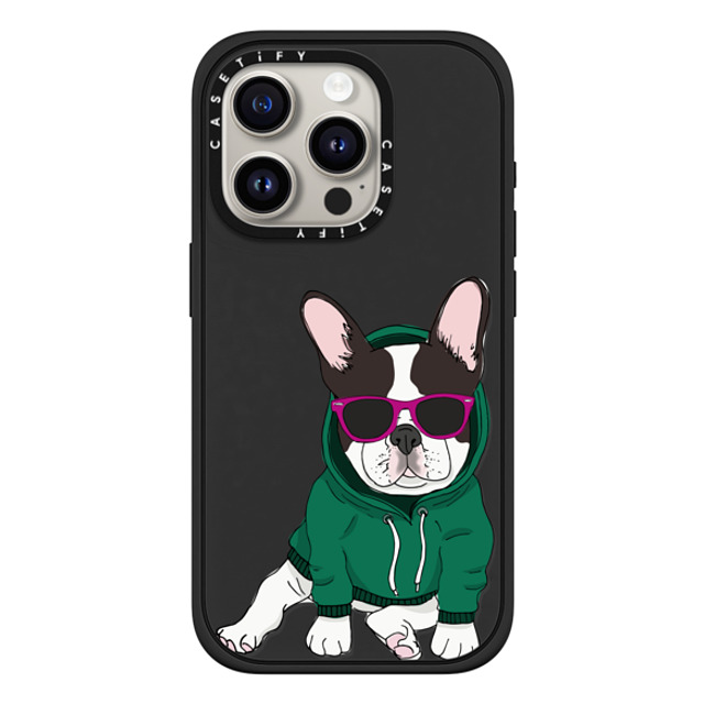 Megan Roy x CASETiFY iPhone 15 Pro ケース マットブラック インパクトケース MagSafe対応 Hipster Frenchie - Black and White