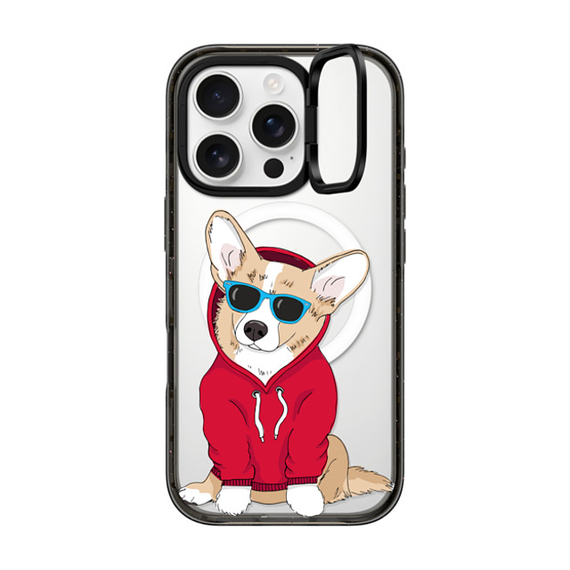 Megan Roy x CASETiFY iPhone 16 Pro ケース ブラック インパクトリングスタンドケース MagSafe対応 Hipster Corgi