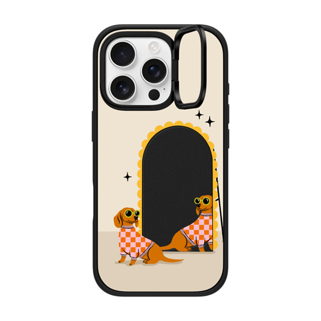 Megan Roy x CASETiFY iPhone 16 Pro ケース マットブラック インパクトリングスタンドケース MagSafe対応 Checkered Dachshund Mirror