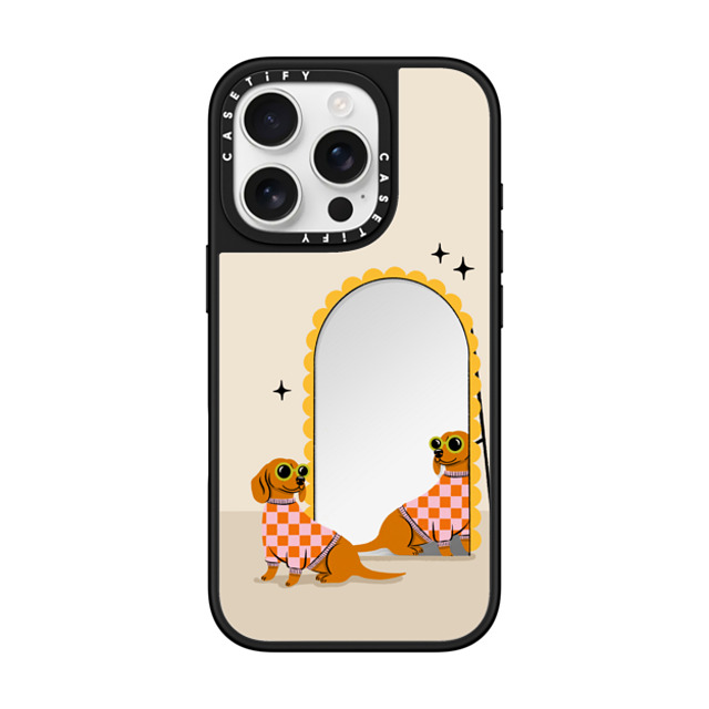 Megan Roy x CASETiFY iPhone 16 Pro ケース Silver on Black ミラーケース MagSafe対応 Checkered Dachshund Mirror