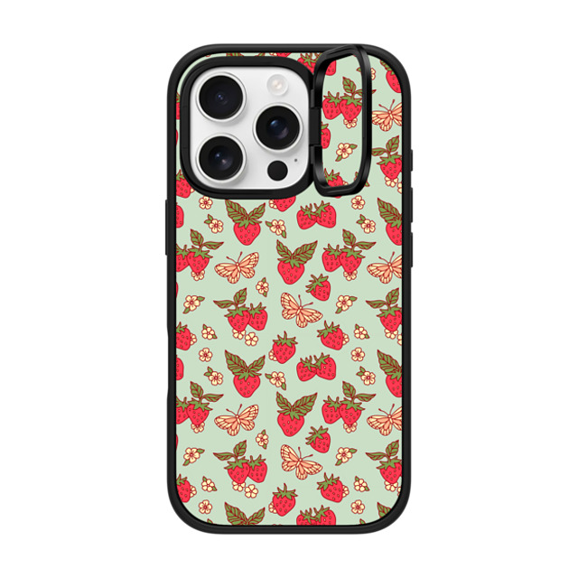 Kira Cyan x CASETiFY iPhone 16 Pro ケース マットブラック インパクトリングスタンドケース MagSafe対応 Strawberry Field