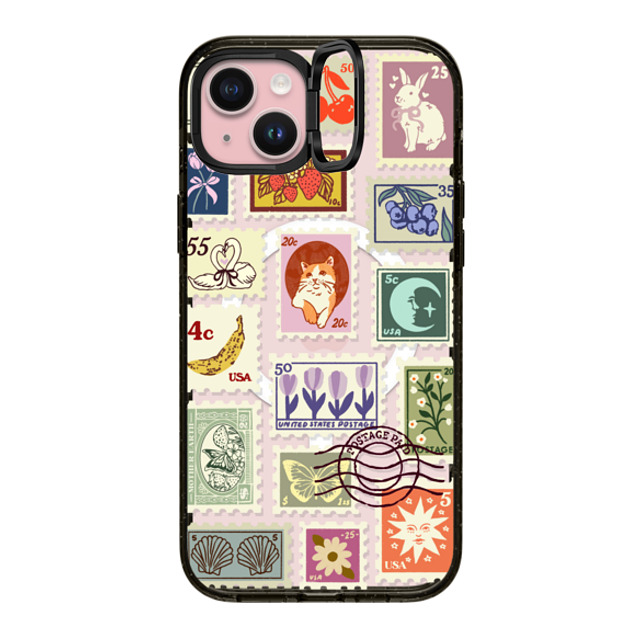 Kira Cyan x CASETiFY iPhone 15 Plus ケース ブラック インパクトリングスタンドケース MagSafe対応 Stamp Collection