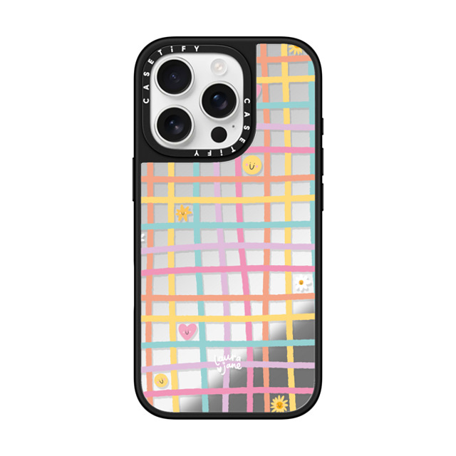Laura Jane Illustrations x CASETiFY iPhone 16 Pro ケース Silver on Black ミラーケース MagSafe対応 Gingham by Laura Jane Illustrations