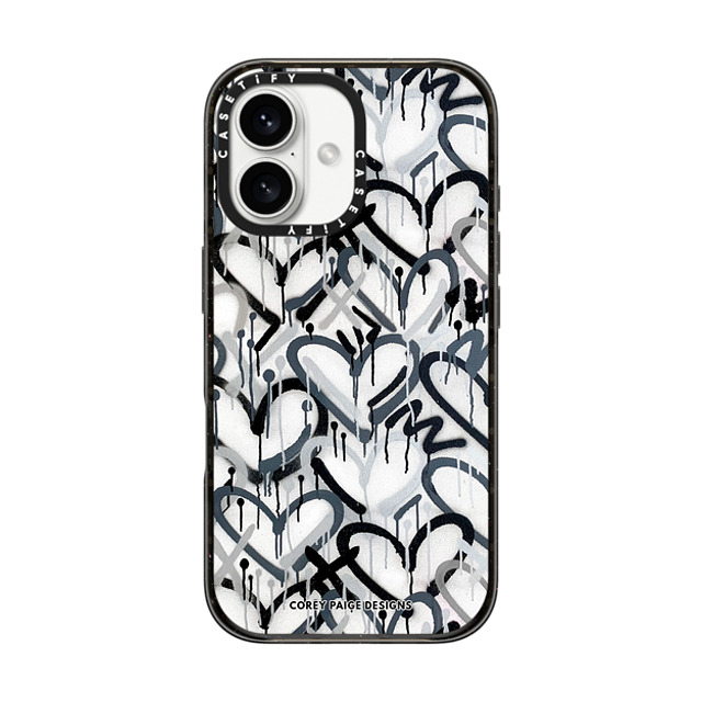 Corey Paige Designs x CASETiFY iPhone 16 ケース ブラック インパクトケース MagSafe対応 Monochrome Graffiti Hearts by Corey Paige Designs