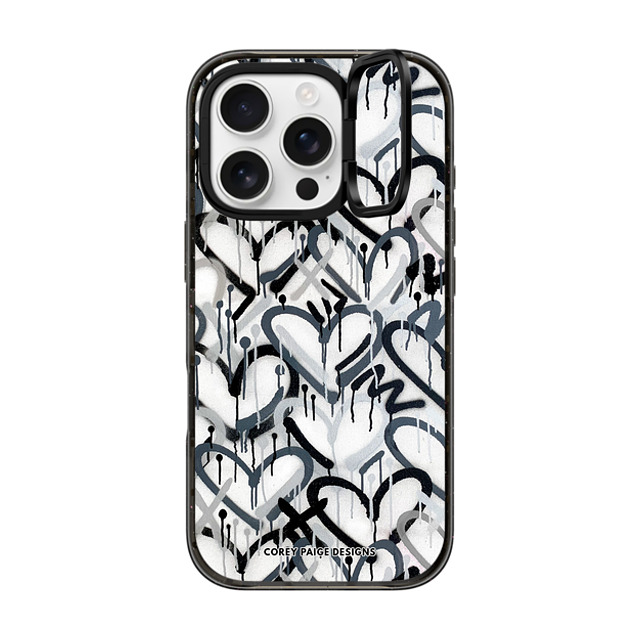 Corey Paige Designs x CASETiFY iPhone 16 Pro ケース ブラック インパクトリングスタンドケース MagSafe対応 Monochrome Graffiti Hearts by Corey Paige Designs