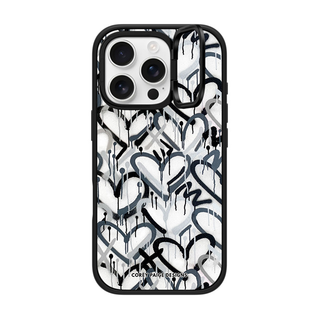 Corey Paige Designs x CASETiFY iPhone 16 Pro ケース マットブラック インパクトリングスタンドケース MagSafe対応 Monochrome Graffiti Hearts by Corey Paige Designs