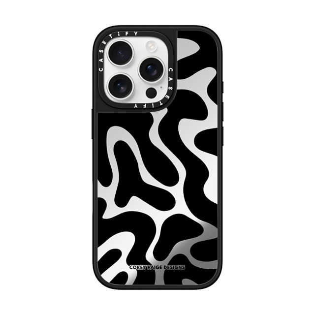 Corey Paige Designs x CASETiFY iPhone 16 Pro ケース Silver on Black ミラーケース MagSafe対応 Black Abstract Shapes by Corey Paige Designs