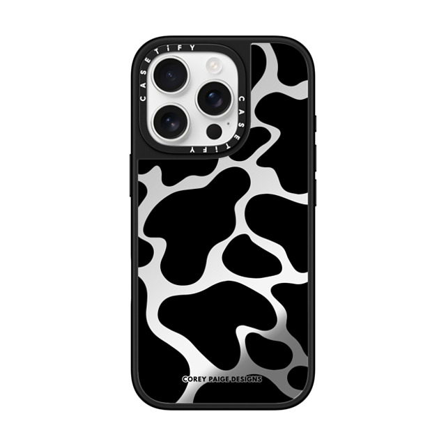 Corey Paige Designs x CASETiFY iPhone 16 Pro ケース Silver on Black ミラーケース MagSafe対応 Black Cow Print by Corey Paige Designs