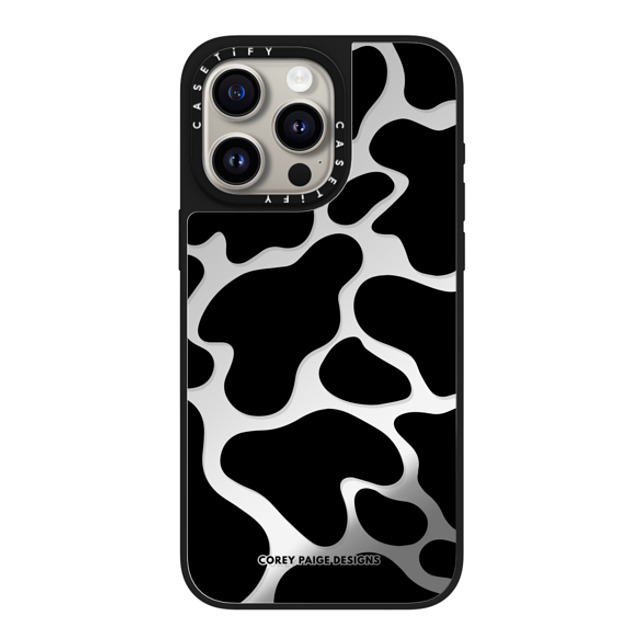 Corey Paige Designs x CASETiFY iPhone 15 Pro Max ケース Silver on Black ミラーケース MagSafe対応 Black Cow Print by Corey Paige Designs