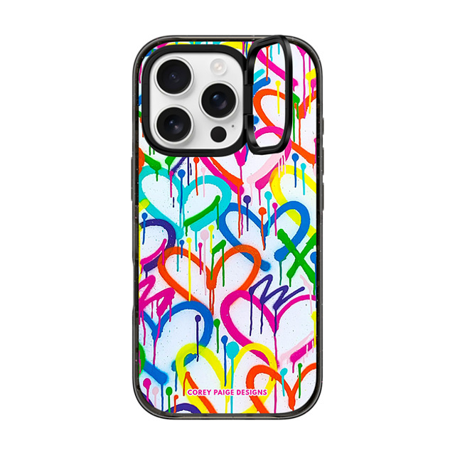 Corey Paige Designs x CASETiFY iPhone 16 Pro ケース ブラック インパクトリングスタンドケース MagSafe対応 Rainbow Graffiti Hearts by Corey Paige Designs