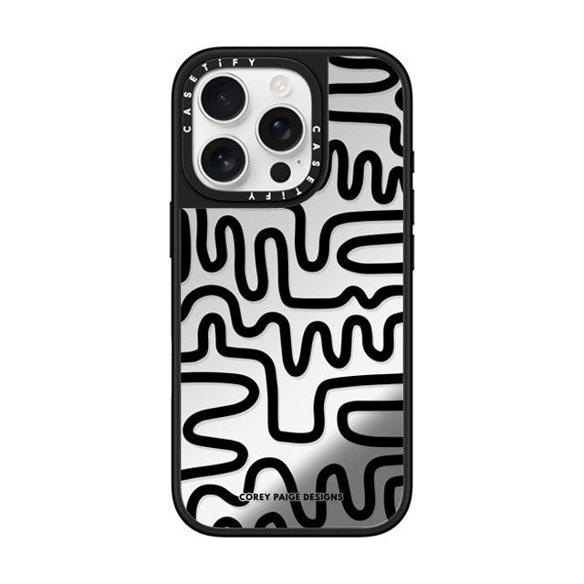 Corey Paige Designs x CASETiFY iPhone 16 Pro ケース Silver on Black ミラーケース MagSafe対応 Black Line Art by Corey Paige Designs