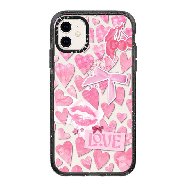 Hyakume x CASETiFY iPhone 11 ケース ブラック インパクトケース Transparent Pink Hearts Ribbon Stickers Love Cherry Kiss Stars Coquette Collage