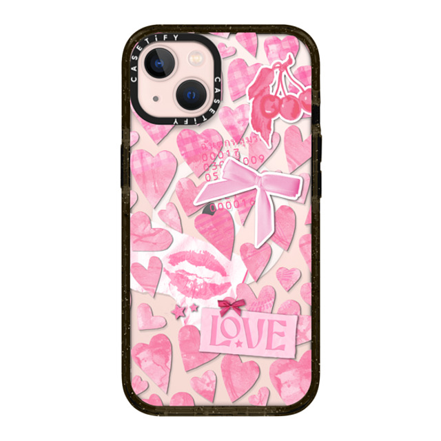 Hyakume x CASETiFY iPhone 13 ケース ブラック インパクトケース MagSafe対応 Transparent Pink Hearts Ribbon Stickers Love Cherry Kiss Stars Coquette Collage