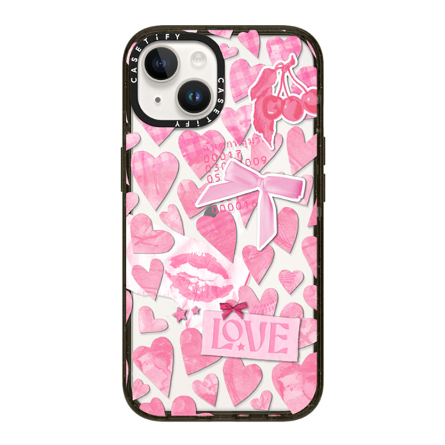 Hyakume x CASETiFY iPhone 14 ケース ブラック インパクトケース Transparent Pink Hearts Ribbon Stickers Love Cherry Kiss Stars Coquette Collage