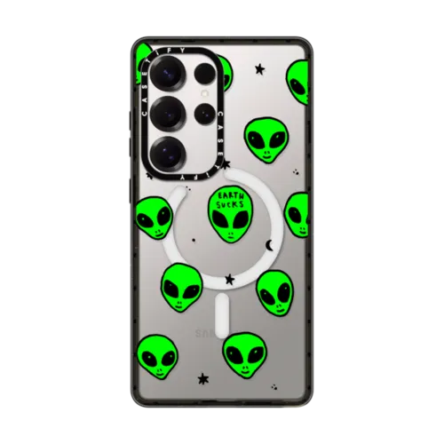 Galaxy S25 Ultra - Cute Green UFO Space Alien Drawing Pattern
