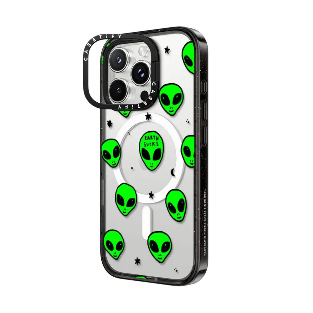 Impact Ring Stand iPhone 16 Pro Max Case MagSafe Compatible - Cute Green UFO Space Alien Drawing Pattern