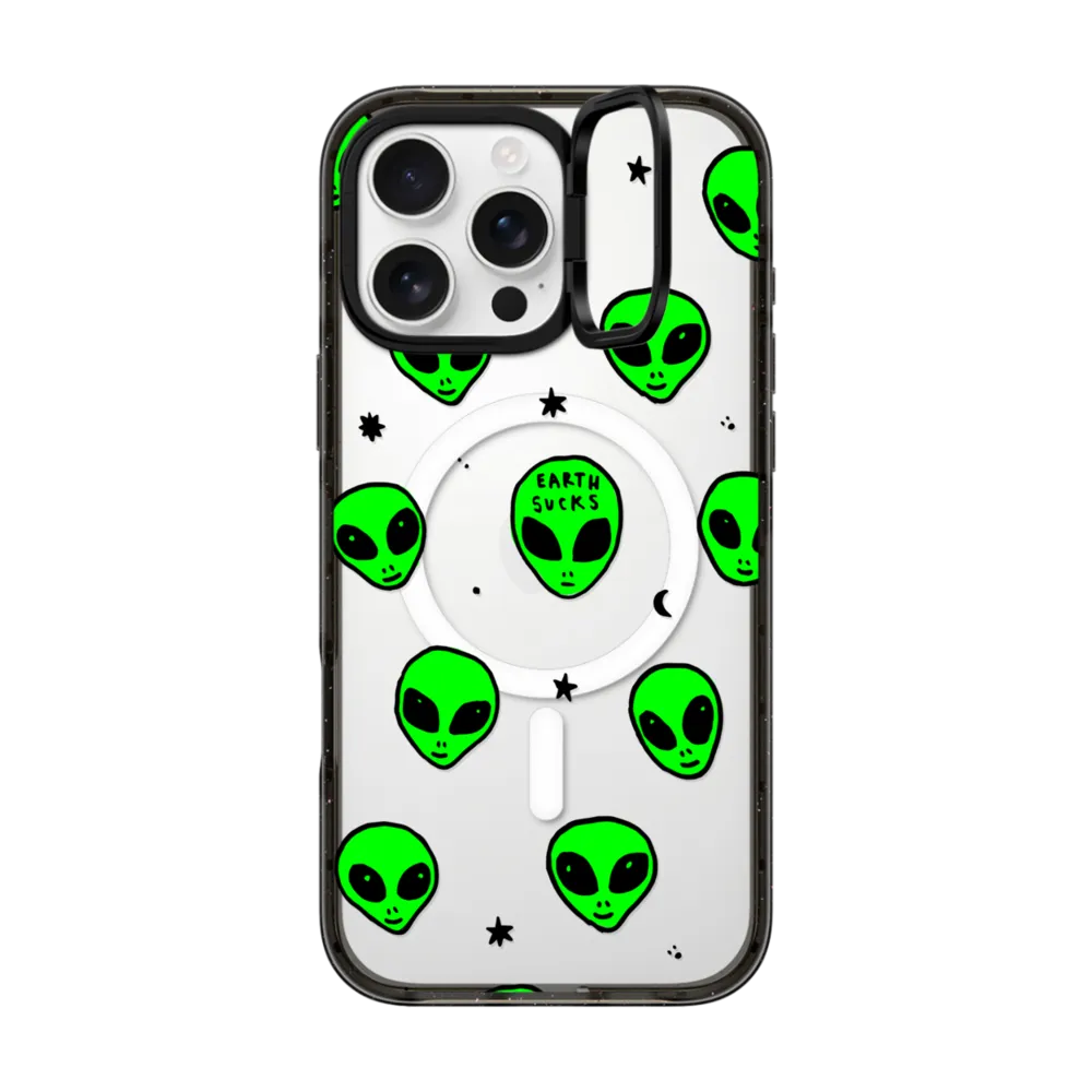 Impact Ring Stand iPhone 16 Pro Max Case MagSafe Compatible - Cute Green UFO Space Alien Drawing Pattern
