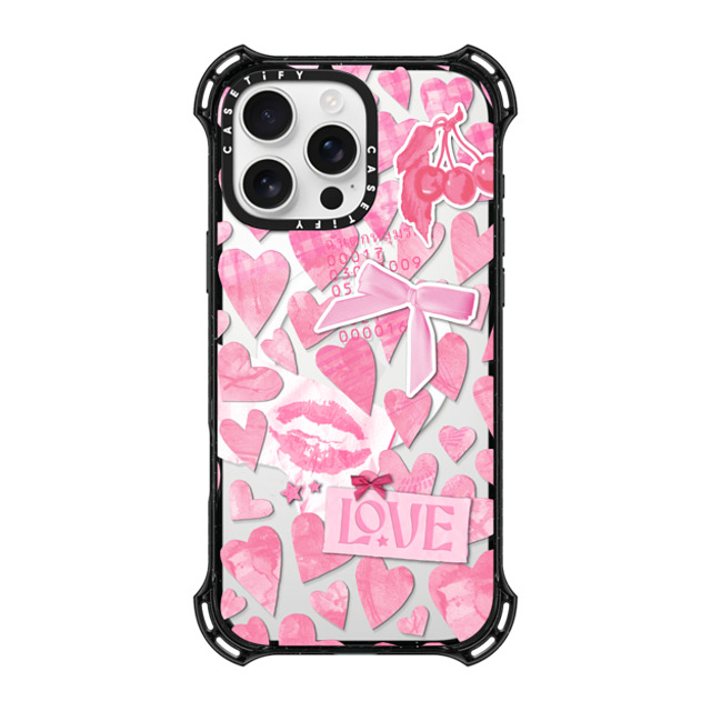 Hyakume x CASETiFY iPhone 16 Pro Max ケース ブラック バウンスケース Transparent Pink Hearts Ribbon Stickers Love Cherry Kiss Stars Coquette Collage