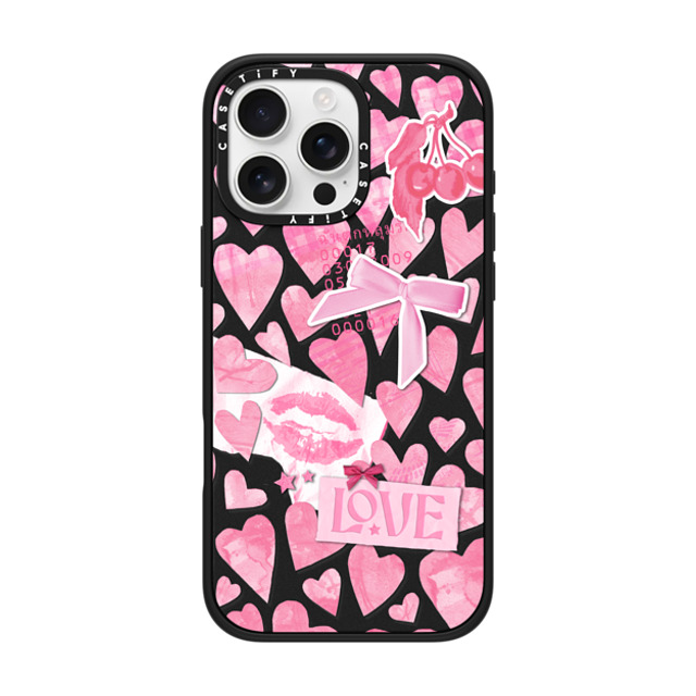 Hyakume x CASETiFY iPhone 16 Pro Max ケース マットブラック インパクトケース MagSafe対応 Transparent Pink Hearts Ribbon Stickers Love Cherry Kiss Stars Coquette Collage