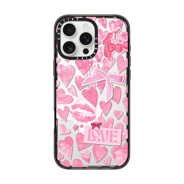 Hyakume x CASETiFY iPhone 16 Pro Max ケース ブラック インパクトケース Transparent Pink Hearts Ribbon Stickers Love Cherry Kiss Stars Coquette Collage