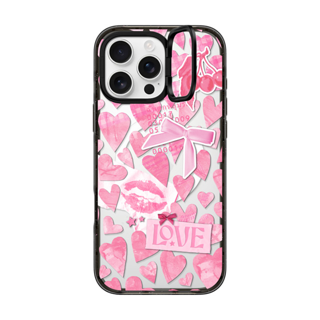 Hyakume x CASETiFY iPhone 16 Pro Max ケース ブラック インパクトリングスタンドケース MagSafe対応 Transparent Pink Hearts Ribbon Stickers Love Cherry Kiss Stars Coquette Collage