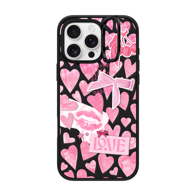 Hyakume x CASETiFY iPhone 16 Pro Max ケース マットブラック インパクトリングスタンドケース MagSafe対応 Transparent Pink Hearts Ribbon Stickers Love Cherry Kiss Stars Coquette Collage