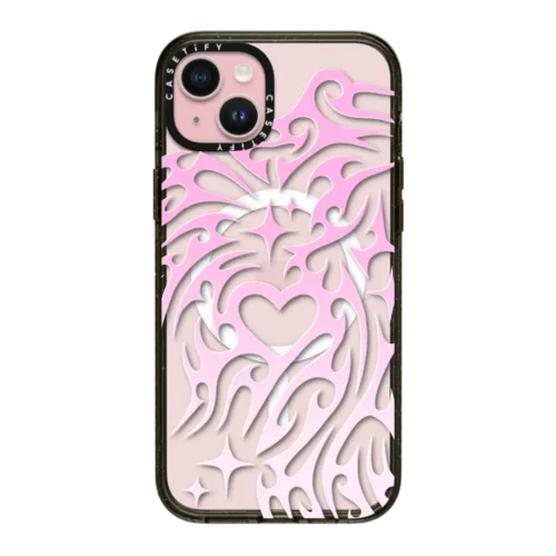 iPhone 15 Plus - Transparent Cyber Sigil Neotribal Spiky Tribal Tattoo Heart Sparkle Star Pink White Gradient